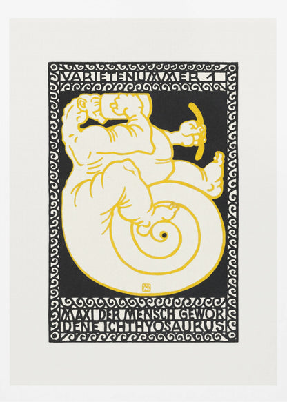 A vintage German poster in a graphic woodcut style, featuring a mythical creature that is half-man, half-ichthyosaurus with a coiled tail. The figure is rendered in cream with yellow outlines against a solid black background, enclosed by a decorative black and white border. Stylized German text appears at the top and bottom of the artwork. Print