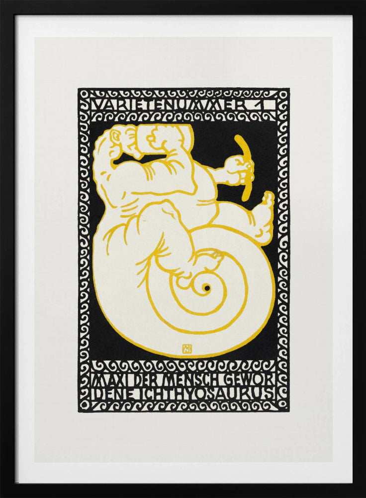 A vintage German poster in a graphic woodcut style, featuring a mythical creature that is half-man, half-ichthyosaurus with a coiled tail. The figure is rendered in cream with yellow outlines against a solid black background, enclosed by a decorative black and white border. Stylized German text appears at the top and bottom of the artwork. Print