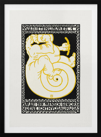 A vintage German poster in a graphic woodcut style, featuring a mythical creature that is half-man, half-ichthyosaurus with a coiled tail. The figure is rendered in cream with yellow outlines against a solid black background, enclosed by a decorative black and white border. Stylized German text appears at the top and bottom of the artwork. Print