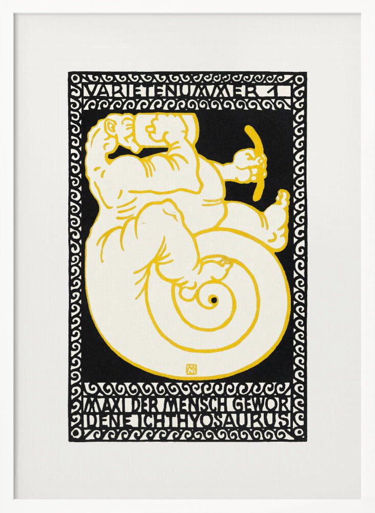 A vintage German poster in a graphic woodcut style, featuring a mythical creature that is half-man, half-ichthyosaurus with a coiled tail. The figure is rendered in cream with yellow outlines against a solid black background, enclosed by a decorative black and white border. Stylized German text appears at the top and bottom of the artwork. Print