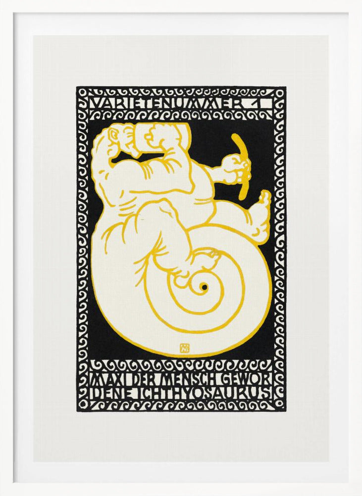 A vintage German poster in a graphic woodcut style, featuring a mythical creature that is half-man, half-ichthyosaurus with a coiled tail. The figure is rendered in cream with yellow outlines against a solid black background, enclosed by a decorative black and white border. Stylized German text appears at the top and bottom of the artwork. Print