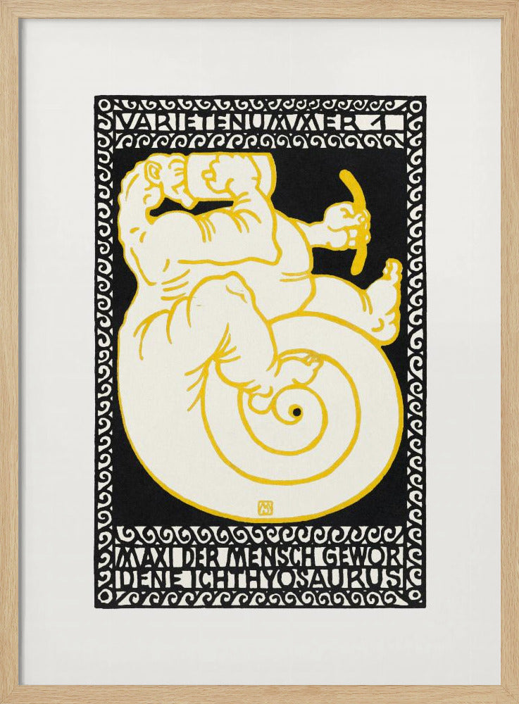 A vintage German poster in a graphic woodcut style, featuring a mythical creature that is half-man, half-ichthyosaurus with a coiled tail. The figure is rendered in cream with yellow outlines against a solid black background, enclosed by a decorative black and white border. Stylized German text appears at the top and bottom of the artwork. Print