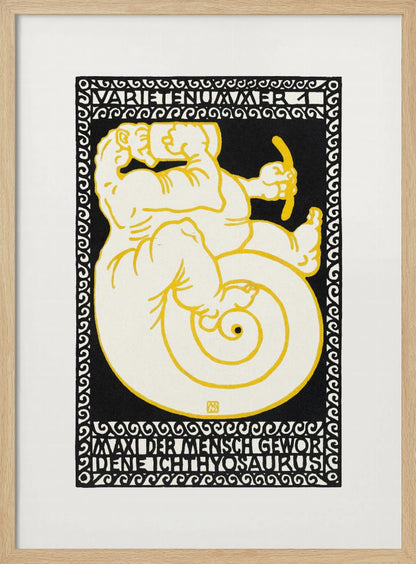 A vintage German poster in a graphic woodcut style, featuring a mythical creature that is half-man, half-ichthyosaurus with a coiled tail. The figure is rendered in cream with yellow outlines against a solid black background, enclosed by a decorative black and white border. Stylized German text appears at the top and bottom of the artwork. Print
