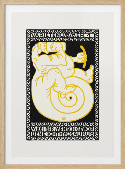 A vintage German poster in a graphic woodcut style, featuring a mythical creature that is half-man, half-ichthyosaurus with a coiled tail. The figure is rendered in cream with yellow outlines against a solid black background, enclosed by a decorative black and white border. Stylized German text appears at the top and bottom of the artwork. Print
