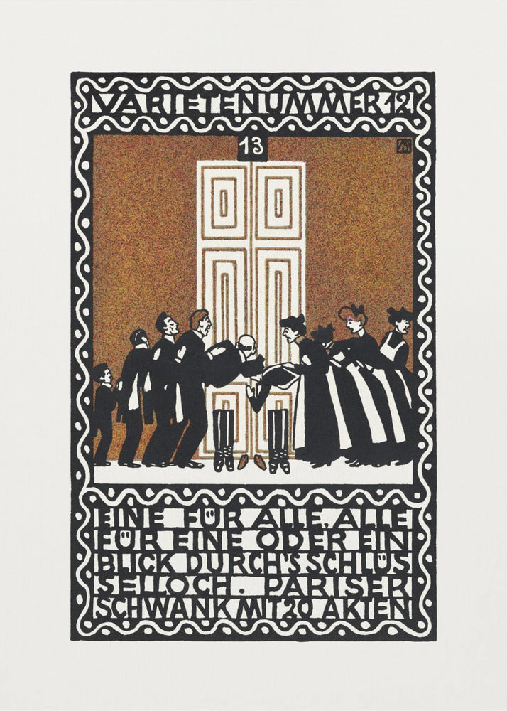 A vintage German Art Nouveau poster with a decorative black and white border. The central illustration, on a stippled brown background, depicts a stylized scene of men and women in formal attire in front of a large white door. German text is integrated into the design at the top and bottom. Decor