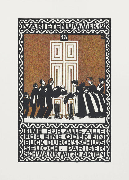 A vintage German Art Nouveau poster with a decorative black and white border. The central illustration, on a stippled brown background, depicts a stylized scene of men and women in formal attire in front of a large white door. German text is integrated into the design at the top and bottom. Decor