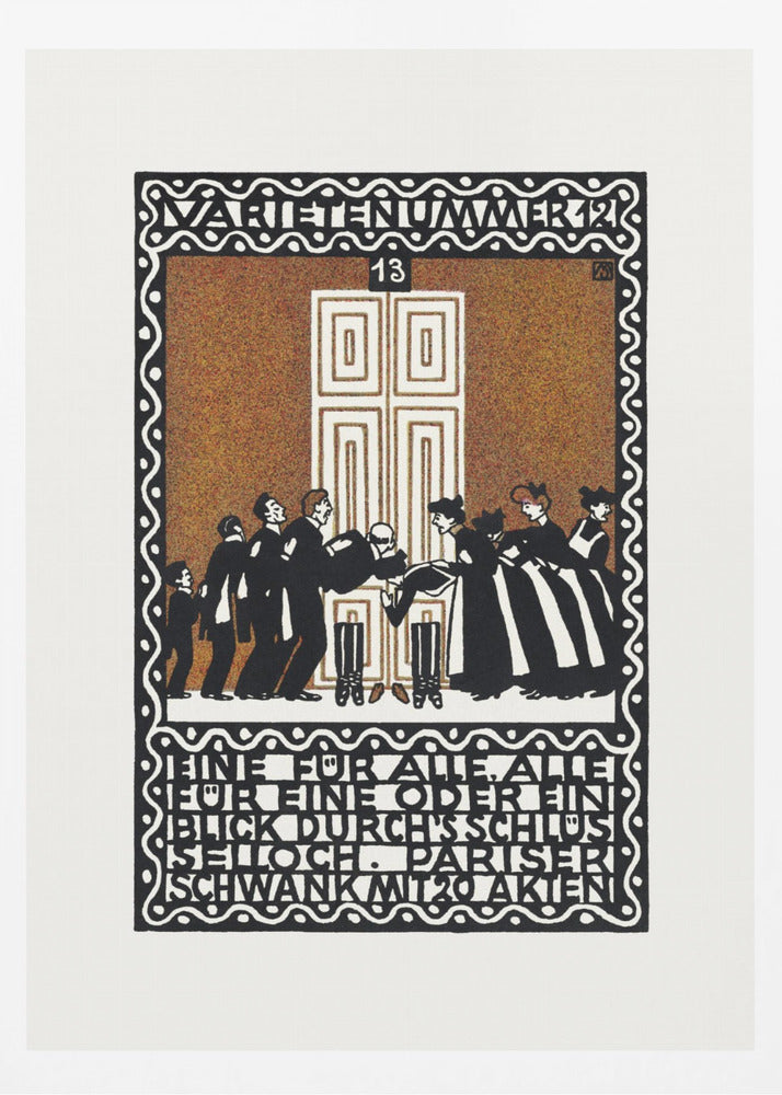A vintage German Art Nouveau poster with a decorative black and white border. The central illustration, on a stippled brown background, depicts a stylized scene of men and women in formal attire in front of a large white door. German text is integrated into the design at the top and bottom. Decor