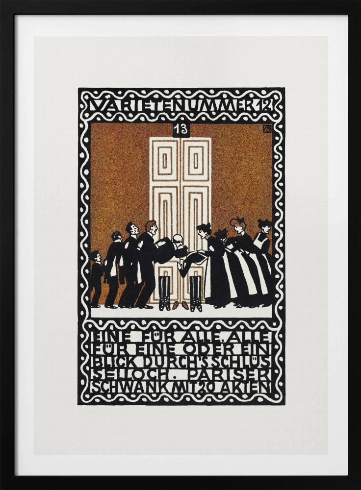 A vintage German Art Nouveau poster with a decorative black and white border. The central illustration, on a stippled brown background, depicts a stylized scene of men and women in formal attire in front of a large white door. German text is integrated into the design at the top and bottom. Decor