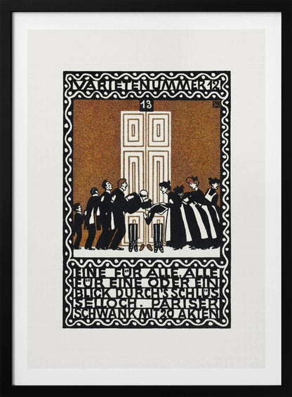 A vintage German Art Nouveau poster with a decorative black and white border. The central illustration, on a stippled brown background, depicts a stylized scene of men and women in formal attire in front of a large white door. German text is integrated into the design at the top and bottom. Decor