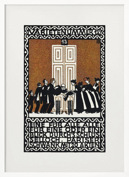 A vintage German Art Nouveau poster with a decorative black and white border. The central illustration, on a stippled brown background, depicts a stylized scene of men and women in formal attire in front of a large white door. German text is integrated into the design at the top and bottom. Decor
