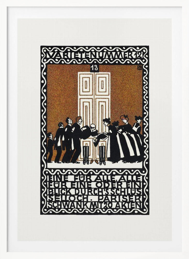 A vintage German Art Nouveau poster with a decorative black and white border. The central illustration, on a stippled brown background, depicts a stylized scene of men and women in formal attire in front of a large white door. German text is integrated into the design at the top and bottom. Decor