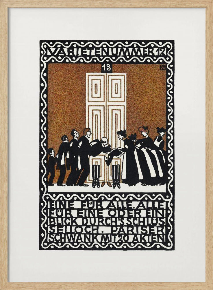 A vintage German Art Nouveau poster with a decorative black and white border. The central illustration, on a stippled brown background, depicts a stylized scene of men and women in formal attire in front of a large white door. German text is integrated into the design at the top and bottom. Decor