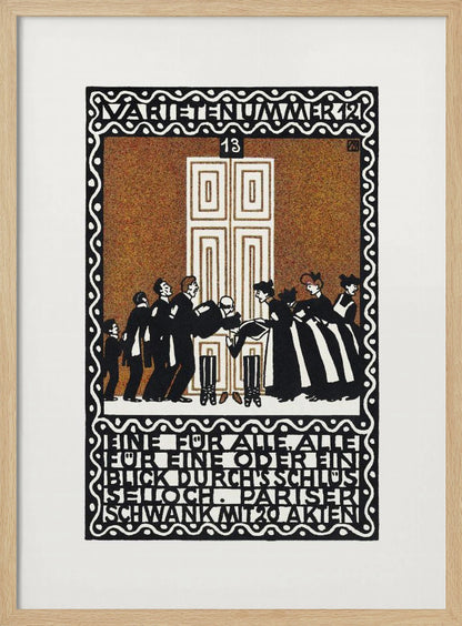 A vintage German Art Nouveau poster with a decorative black and white border. The central illustration, on a stippled brown background, depicts a stylized scene of men and women in formal attire in front of a large white door. German text is integrated into the design at the top and bottom. Decor