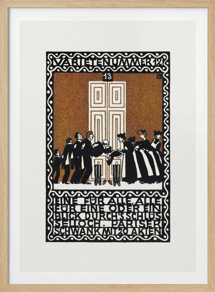 A vintage German Art Nouveau poster with a decorative black and white border. The central illustration, on a stippled brown background, depicts a stylized scene of men and women in formal attire in front of a large white door. German text is integrated into the design at the top and bottom. Decor