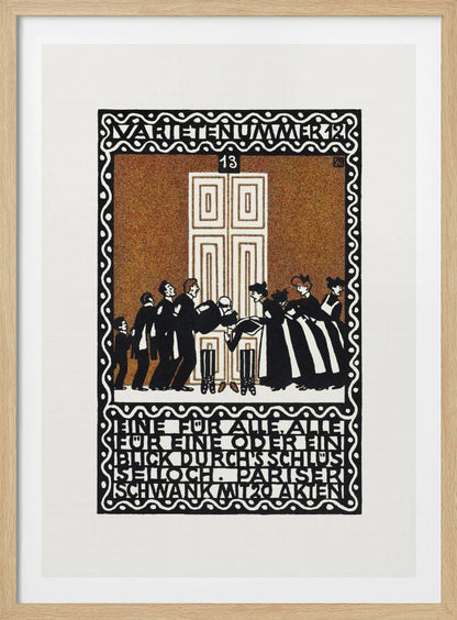 A vintage German Art Nouveau poster with a decorative black and white border. The central illustration, on a stippled brown background, depicts a stylized scene of men and women in formal attire in front of a large white door. German text is integrated into the design at the top and bottom. Decor