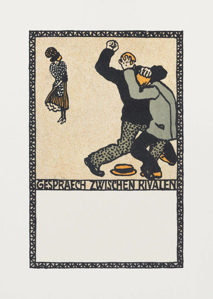 A vintage German art print in a woodcut style titled 'Gespraech zwischen Rivalen', depicting two men fighting while a woman stands watching. The scene is rendered in black, beige, gray, and orange against a cream-colored background, all enclosed within a patterned border and a black frame. Decor