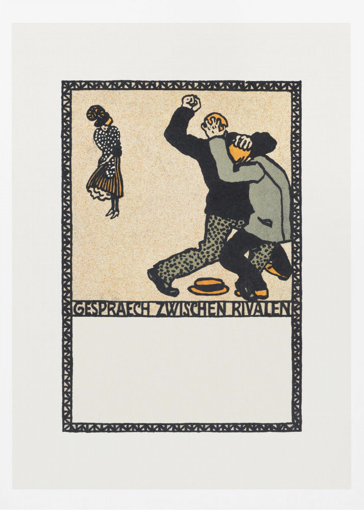 A vintage German art print in a woodcut style titled 'Gespraech zwischen Rivalen', depicting two men fighting while a woman stands watching. The scene is rendered in black, beige, gray, and orange against a cream-colored background, all enclosed within a patterned border and a black frame. Decor