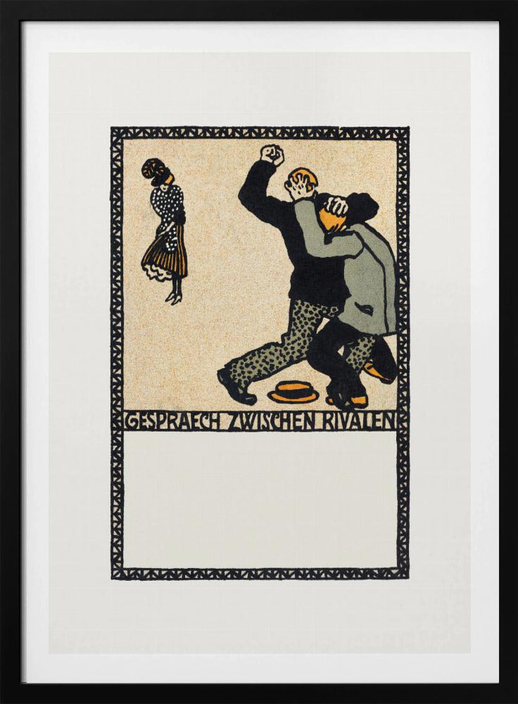 A vintage German art print in a woodcut style titled 'Gespraech zwischen Rivalen', depicting two men fighting while a woman stands watching. The scene is rendered in black, beige, gray, and orange against a cream-colored background, all enclosed within a patterned border and a black frame. Decor