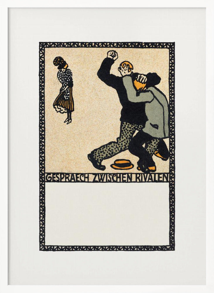 A vintage German art print in a woodcut style titled 'Gespraech zwischen Rivalen', depicting two men fighting while a woman stands watching. The scene is rendered in black, beige, gray, and orange against a cream-colored background, all enclosed within a patterned border and a black frame. Decor