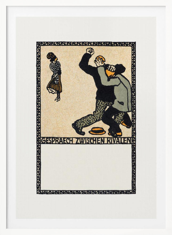 A vintage German art print in a woodcut style titled 'Gespraech zwischen Rivalen', depicting two men fighting while a woman stands watching. The scene is rendered in black, beige, gray, and orange against a cream-colored background, all enclosed within a patterned border and a black frame. Decor