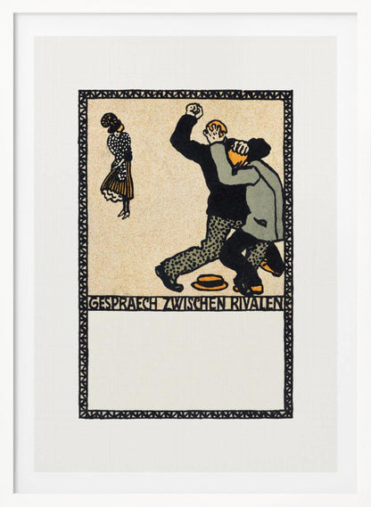 A vintage German art print in a woodcut style titled 'Gespraech zwischen Rivalen', depicting two men fighting while a woman stands watching. The scene is rendered in black, beige, gray, and orange against a cream-colored background, all enclosed within a patterned border and a black frame. Decor