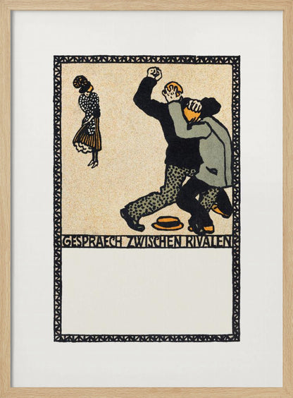 A vintage German art print in a woodcut style titled 'Gespraech zwischen Rivalen', depicting two men fighting while a woman stands watching. The scene is rendered in black, beige, gray, and orange against a cream-colored background, all enclosed within a patterned border and a black frame. Decor