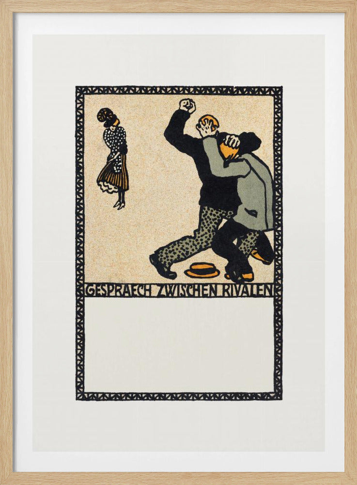 A vintage German art print in a woodcut style titled 'Gespraech zwischen Rivalen', depicting two men fighting while a woman stands watching. The scene is rendered in black, beige, gray, and orange against a cream-colored background, all enclosed within a patterned border and a black frame. Decor