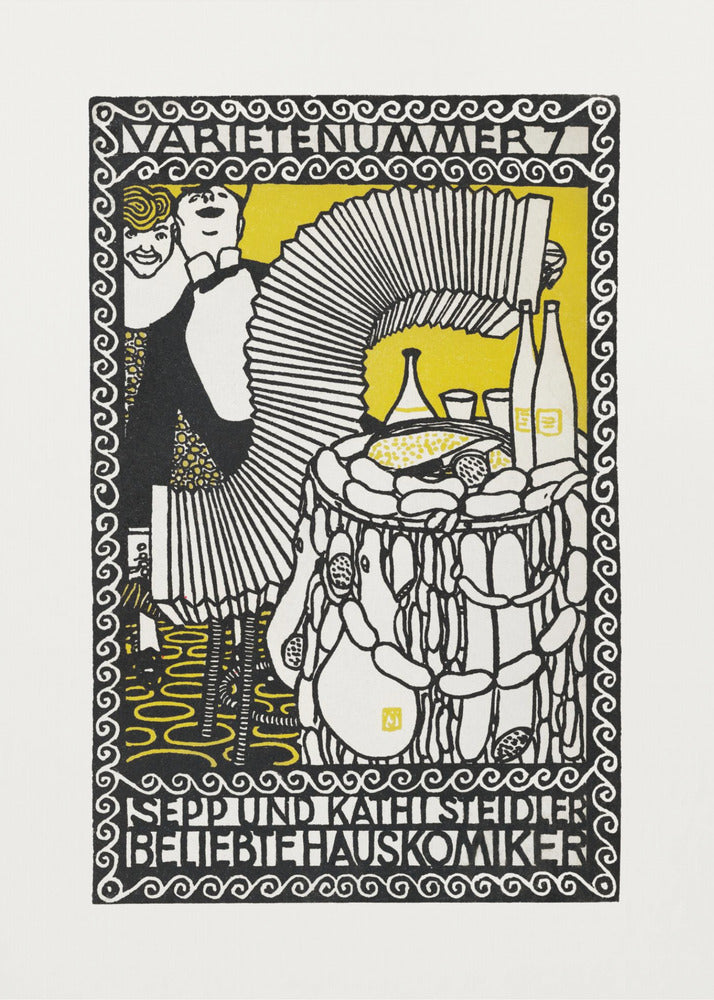 A vintage German woodcut-style poster in black, white, and yellow. It depicts two performers, a man playing a large accordion and a woman smiling behind him. A table with food and drinks is to the right. The artwork is framed by an ornate border with German text at the top and bottom. Artwork