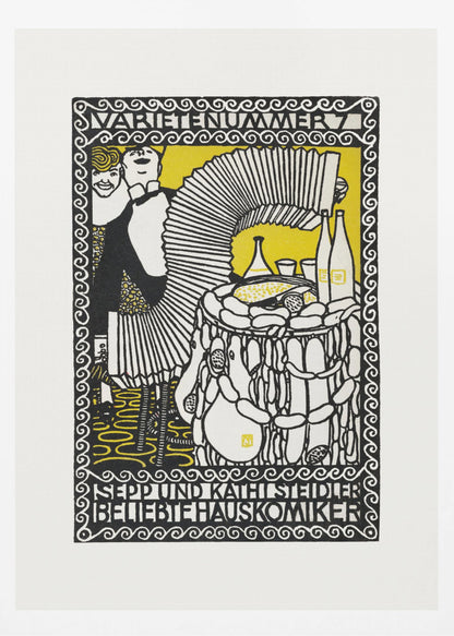 A vintage German woodcut-style poster in black, white, and yellow. It depicts two performers, a man playing a large accordion and a woman smiling behind him. A table with food and drinks is to the right. The artwork is framed by an ornate border with German text at the top and bottom. Artwork