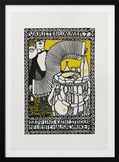 A vintage German woodcut-style poster in black, white, and yellow. It depicts two performers, a man playing a large accordion and a woman smiling behind him. A table with food and drinks is to the right. The artwork is framed by an ornate border with German text at the top and bottom. Artwork