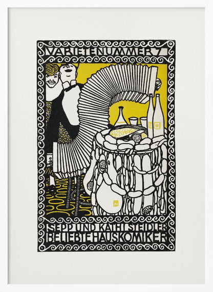 A vintage German woodcut-style poster in black, white, and yellow. It depicts two performers, a man playing a large accordion and a woman smiling behind him. A table with food and drinks is to the right. The artwork is framed by an ornate border with German text at the top and bottom. Artwork