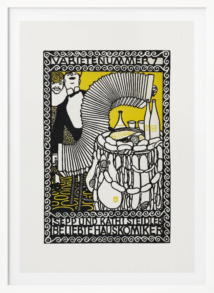A vintage German woodcut-style poster in black, white, and yellow. It depicts two performers, a man playing a large accordion and a woman smiling behind him. A table with food and drinks is to the right. The artwork is framed by an ornate border with German text at the top and bottom. Artwork