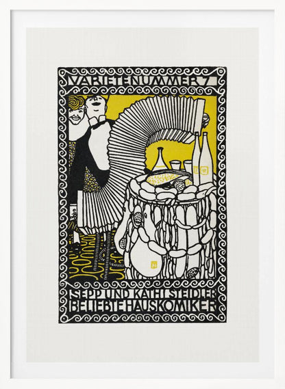 A vintage German woodcut-style poster in black, white, and yellow. It depicts two performers, a man playing a large accordion and a woman smiling behind him. A table with food and drinks is to the right. The artwork is framed by an ornate border with German text at the top and bottom. Artwork