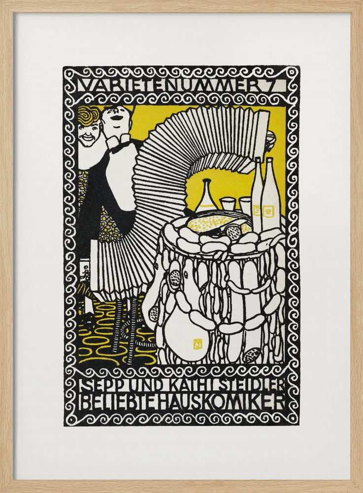 A vintage German woodcut-style poster in black, white, and yellow. It depicts two performers, a man playing a large accordion and a woman smiling behind him. A table with food and drinks is to the right. The artwork is framed by an ornate border with German text at the top and bottom. Artwork