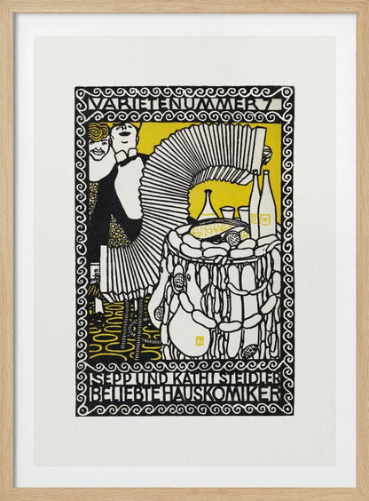 A vintage German woodcut-style poster in black, white, and yellow. It depicts two performers, a man playing a large accordion and a woman smiling behind him. A table with food and drinks is to the right. The artwork is framed by an ornate border with German text at the top and bottom. Artwork