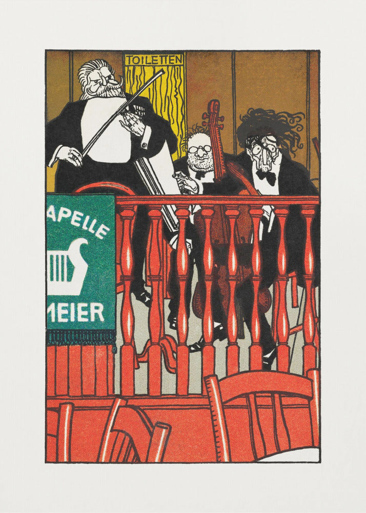 A vintage German poster featuring a caricature of a three-piece string band, 'Kapelle Meier,' performing on a balcony behind a bright red railing. The musicians are dressed in black formal wear against a golden-brown background, with a green sign on the left. Decor