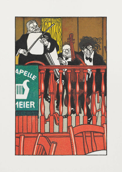 A vintage German poster featuring a caricature of a three-piece string band, 'Kapelle Meier,' performing on a balcony behind a bright red railing. The musicians are dressed in black formal wear against a golden-brown background, with a green sign on the left. Decor