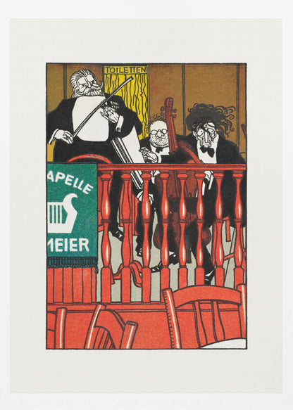A vintage German poster featuring a caricature of a three-piece string band, 'Kapelle Meier,' performing on a balcony behind a bright red railing. The musicians are dressed in black formal wear against a golden-brown background, with a green sign on the left. Decor