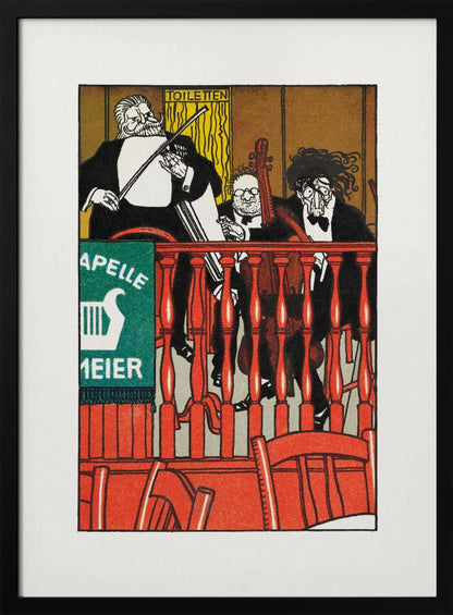 A vintage German poster featuring a caricature of a three-piece string band, 'Kapelle Meier,' performing on a balcony behind a bright red railing. The musicians are dressed in black formal wear against a golden-brown background, with a green sign on the left. Decor
