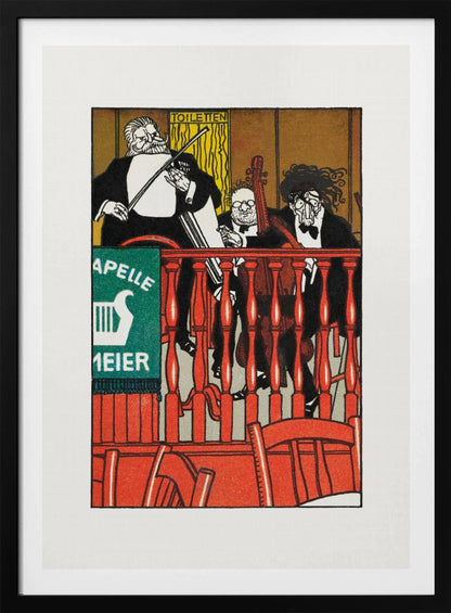 A vintage German poster featuring a caricature of a three-piece string band, 'Kapelle Meier,' performing on a balcony behind a bright red railing. The musicians are dressed in black formal wear against a golden-brown background, with a green sign on the left. Decor