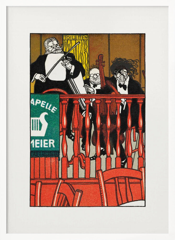 A vintage German poster featuring a caricature of a three-piece string band, 'Kapelle Meier,' performing on a balcony behind a bright red railing. The musicians are dressed in black formal wear against a golden-brown background, with a green sign on the left. Decor