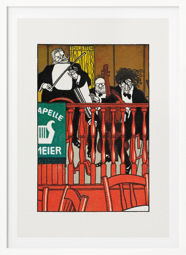 A vintage German poster featuring a caricature of a three-piece string band, 'Kapelle Meier,' performing on a balcony behind a bright red railing. The musicians are dressed in black formal wear against a golden-brown background, with a green sign on the left. Decor