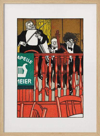 A vintage German poster featuring a caricature of a three-piece string band, 'Kapelle Meier,' performing on a balcony behind a bright red railing. The musicians are dressed in black formal wear against a golden-brown background, with a green sign on the left. Decor