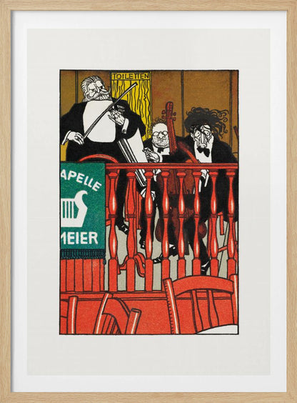 A vintage German poster featuring a caricature of a three-piece string band, 'Kapelle Meier,' performing on a balcony behind a bright red railing. The musicians are dressed in black formal wear against a golden-brown background, with a green sign on the left. Decor