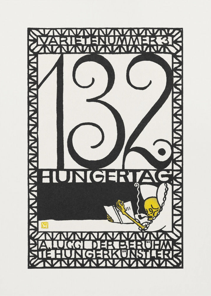 A framed vintage German art print in a graphic, woodcut style. The piece is primarily black and white with a yellow accent, featuring the large number '132' and German text like 'HUNGERTAG'. A small yellow skeleton figure is depicted reading a book and smoking a pipe, all enclosed within a geometric border. Wall Art