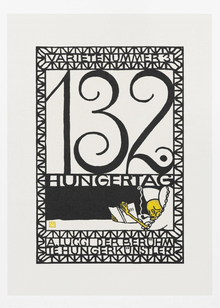 A framed vintage German art print in a graphic, woodcut style. The piece is primarily black and white with a yellow accent, featuring the large number '132' and German text like 'HUNGERTAG'. A small yellow skeleton figure is depicted reading a book and smoking a pipe, all enclosed within a geometric border. Wall Art