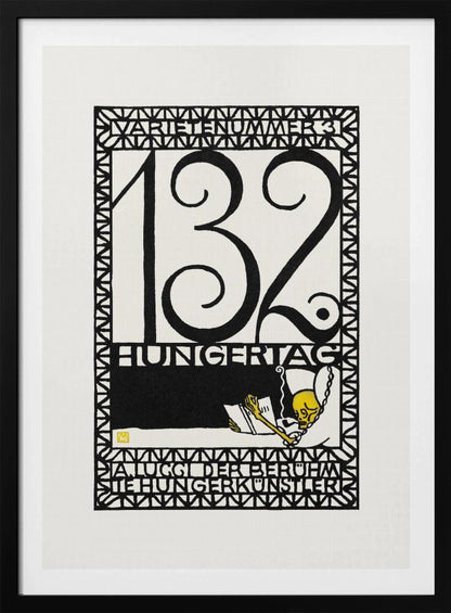 A framed vintage German art print in a graphic, woodcut style. The piece is primarily black and white with a yellow accent, featuring the large number '132' and German text like 'HUNGERTAG'. A small yellow skeleton figure is depicted reading a book and smoking a pipe, all enclosed within a geometric border. Wall Art