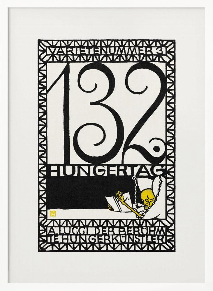 A framed vintage German art print in a graphic, woodcut style. The piece is primarily black and white with a yellow accent, featuring the large number '132' and German text like 'HUNGERTAG'. A small yellow skeleton figure is depicted reading a book and smoking a pipe, all enclosed within a geometric border. Wall Art