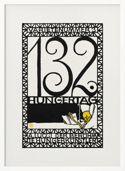 A framed vintage German art print in a graphic, woodcut style. The piece is primarily black and white with a yellow accent, featuring the large number '132' and German text like 'HUNGERTAG'. A small yellow skeleton figure is depicted reading a book and smoking a pipe, all enclosed within a geometric border. Wall Art