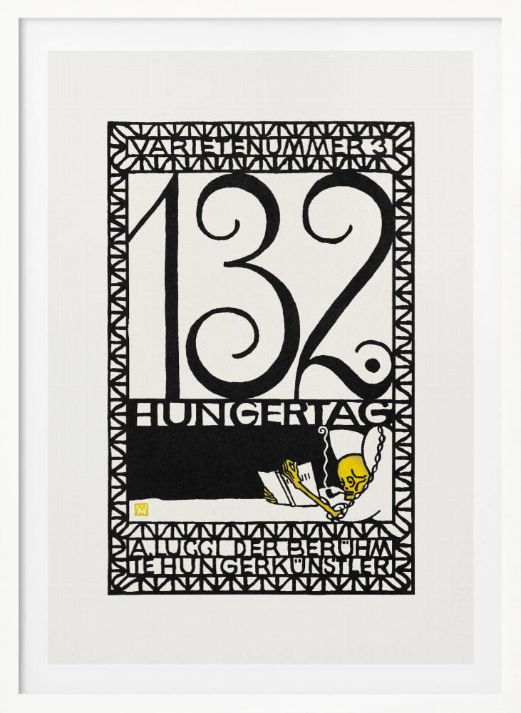 A framed vintage German art print in a graphic, woodcut style. The piece is primarily black and white with a yellow accent, featuring the large number '132' and German text like 'HUNGERTAG'. A small yellow skeleton figure is depicted reading a book and smoking a pipe, all enclosed within a geometric border. Wall Art